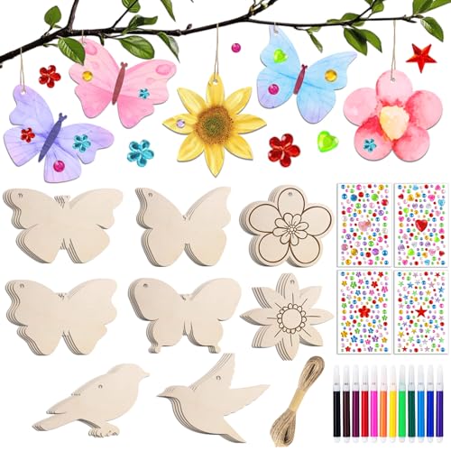 JOYEASE 57 Stück Bastelsets für Kinder, Basteln Kinder Schmetterling Blume Vogel Holzanhänger zum Bemalen, Kindergeburtstag Basteln Mädchen, DIY Kreativsets mit Aquarellstift Edelsteinaufkleber